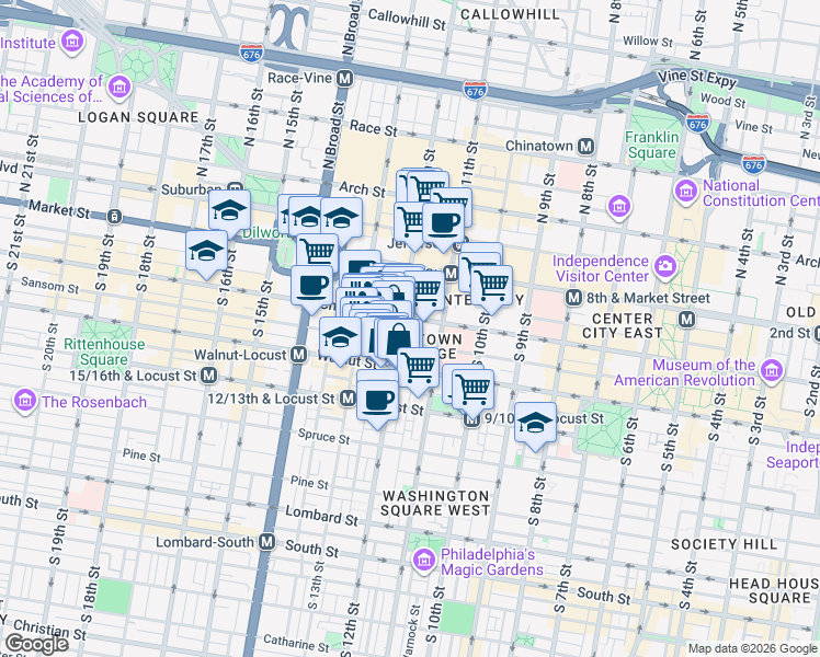 map of restaurants, bars, coffee shops, grocery stores, and more near 1125 Sansom Street in Philadelphia