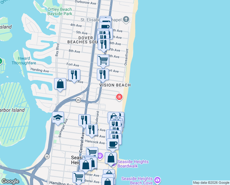map of restaurants, bars, coffee shops, grocery stores, and more near 4 Colony Road in Seaside Heights