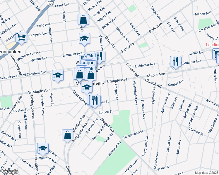 map of restaurants, bars, coffee shops, grocery stores, and more near 107 Woodlawn Avenue in Merchantville