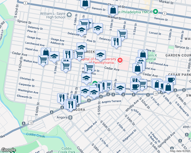map of restaurants, bars, coffee shops, grocery stores, and more near 5541 Catharine Street in Philadelphia