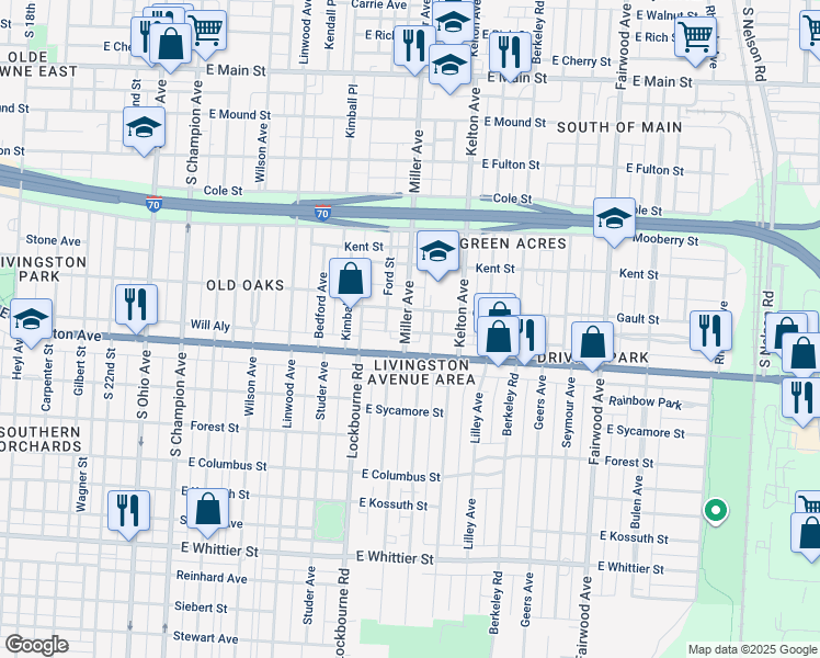 map of restaurants, bars, coffee shops, grocery stores, and more near 1390 East Livingston Avenue in Columbus