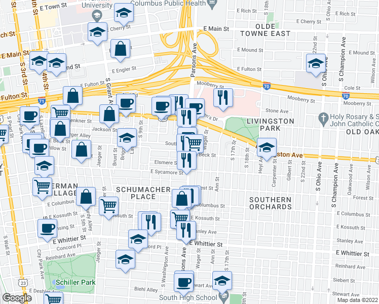 map of restaurants, bars, coffee shops, grocery stores, and more near Parsons Ave & E Beck St in Columbus