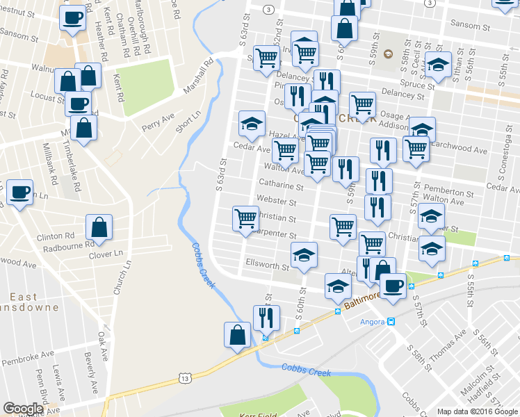 map of restaurants, bars, coffee shops, grocery stores, and more near 6135 Christian Street in Philadelphia