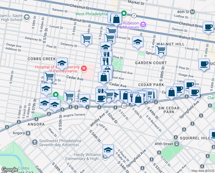 map of restaurants, bars, coffee shops, grocery stores, and more near 5134 Walton Avenue in Philadelphia