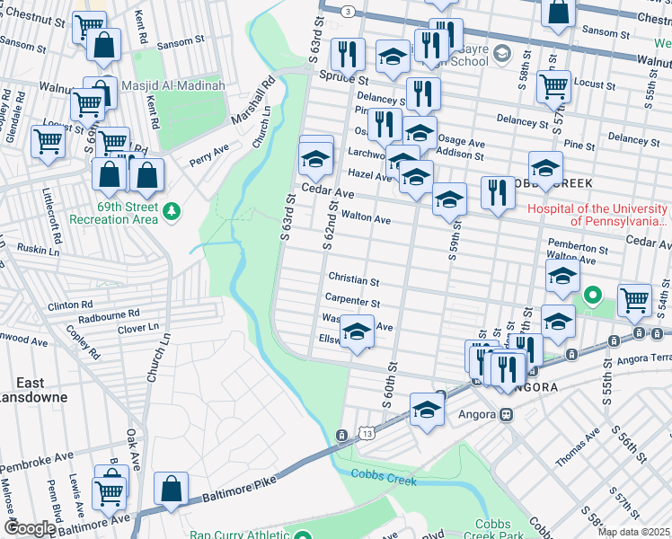 map of restaurants, bars, coffee shops, grocery stores, and more near 6135 Christian Street in Philadelphia