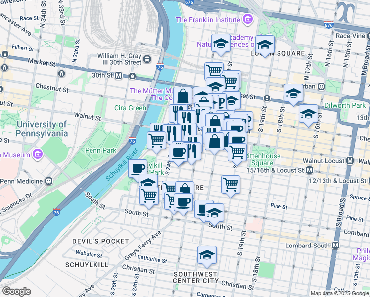 map of restaurants, bars, coffee shops, grocery stores, and more near 2227 Locust Street in Philadelphia