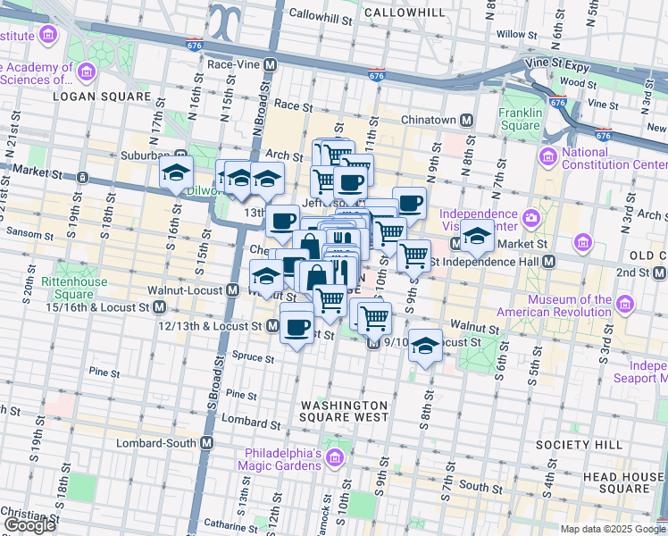 map of restaurants, bars, coffee shops, grocery stores, and more near 111 South 11th Street in Philadelphia