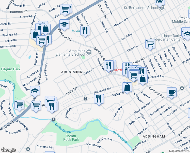 map of restaurants, bars, coffee shops, grocery stores, and more near 822 Anderson Avenue in Drexel Hill