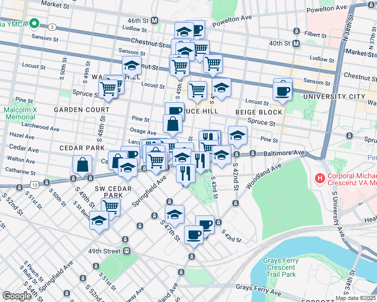 map of restaurants, bars, coffee shops, grocery stores, and more near 4400 Larchwood Avenue in Philadelphia
