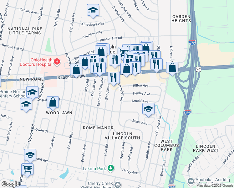 map of restaurants, bars, coffee shops, grocery stores, and more near 129 Redmond Road in Columbus