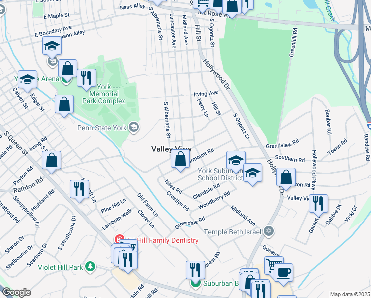 map of restaurants, bars, coffee shops, grocery stores, and more near 1399 Lancaster Avenue in York
