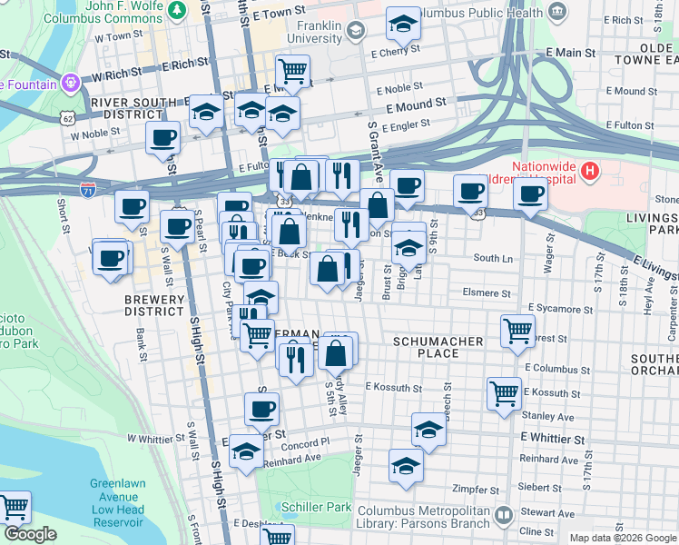 map of restaurants, bars, coffee shops, grocery stores, and more near 281 Lear Street in Columbus