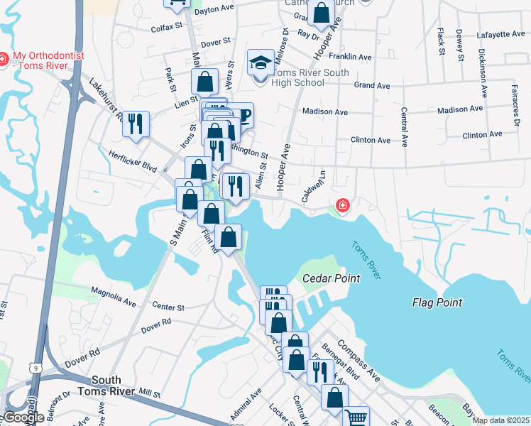 map of restaurants, bars, coffee shops, grocery stores, and more near 77 East Water Street in Toms River