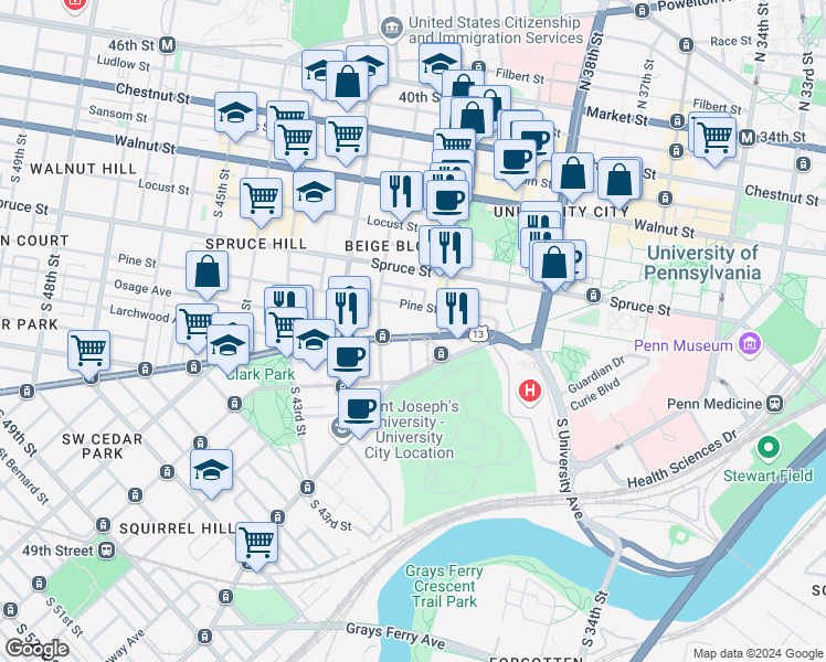 map of restaurants, bars, coffee shops, grocery stores, and more near 4031 Baltimore Avenue in Philadelphia