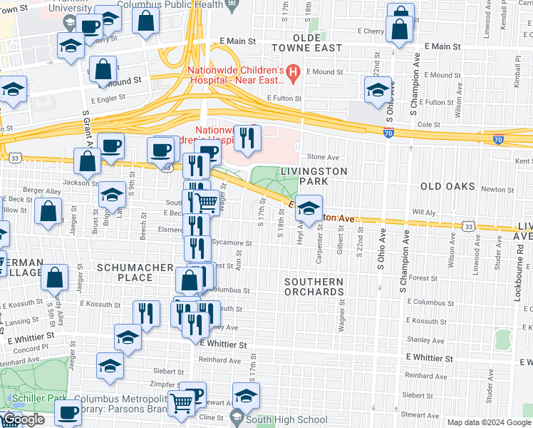 map of restaurants, bars, coffee shops, grocery stores, and more near 692 South 17th Street in Columbus