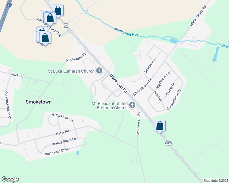 map of restaurants, bars, coffee shops, grocery stores, and more near 2949 Luther Drive in Chambersburg