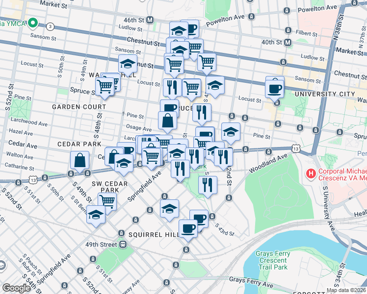 map of restaurants, bars, coffee shops, grocery stores, and more near Larchwood Avenue & South 44th Street in Philadelphia