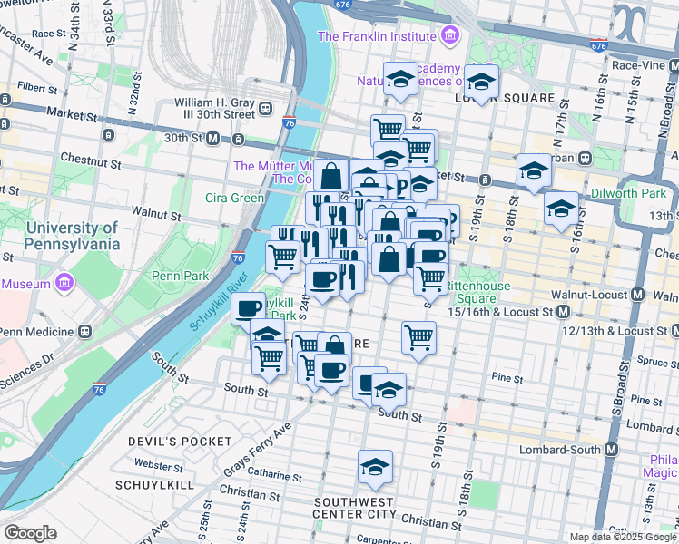 map of restaurants, bars, coffee shops, grocery stores, and more near 2221 Locust Street in Philadelphia