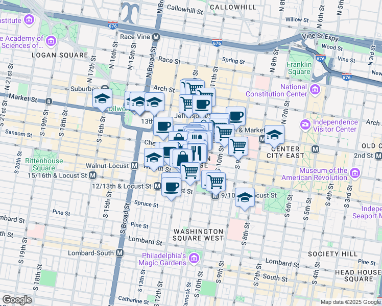 map of restaurants, bars, coffee shops, grocery stores, and more near 1118 Chestnut Street in Philadelphia