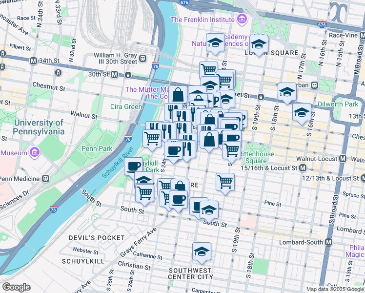 map of restaurants, bars, coffee shops, grocery stores, and more near 2221 Locust Street in Philadelphia