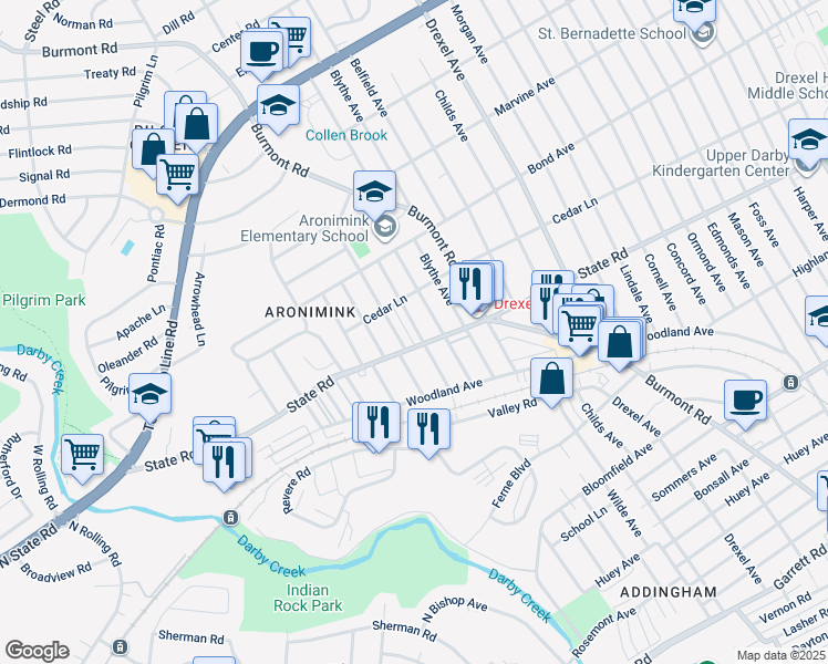 map of restaurants, bars, coffee shops, grocery stores, and more near 822 Anderson Avenue in Drexel Hill