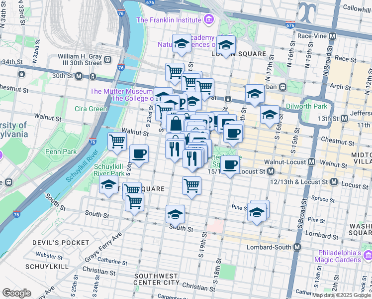 map of restaurants, bars, coffee shops, grocery stores, and more near 2027 Chancellor Street in Philadelphia