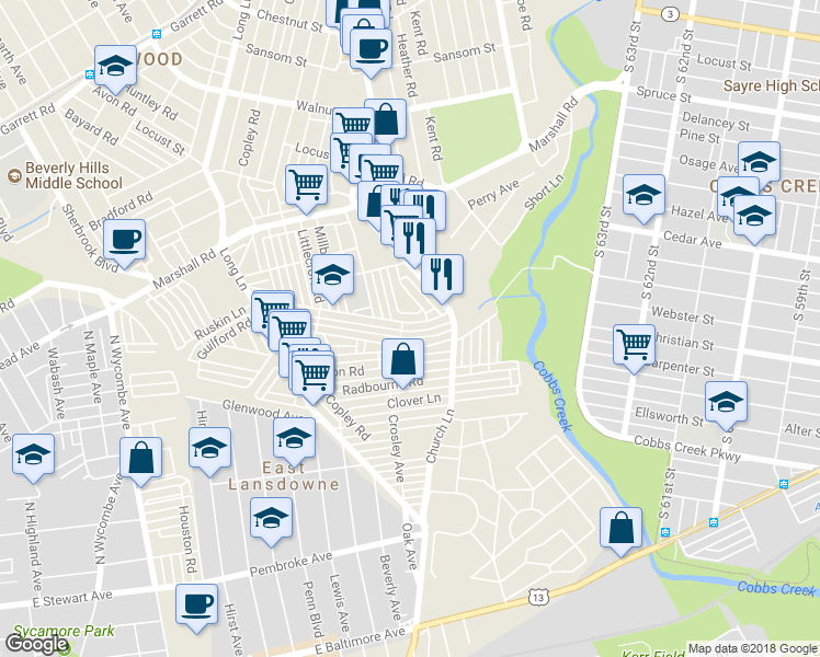 map of restaurants, bars, coffee shops, grocery stores, and more near 6946 Ruskin Lane in Upper Darby