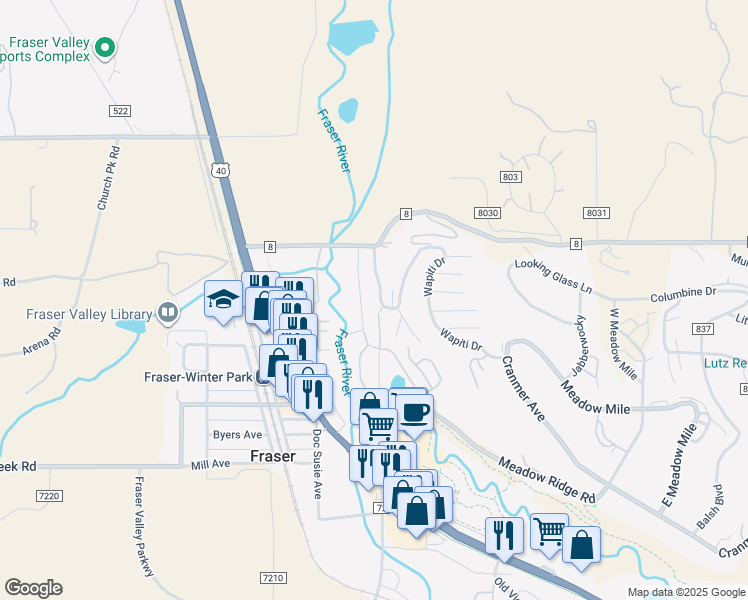 map of restaurants, bars, coffee shops, grocery stores, and more near 606 Quail Drive in Fraser