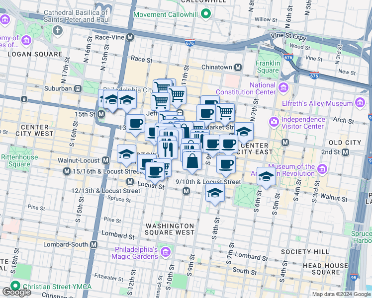 map of restaurants, bars, coffee shops, grocery stores, and more near in Philadelphia