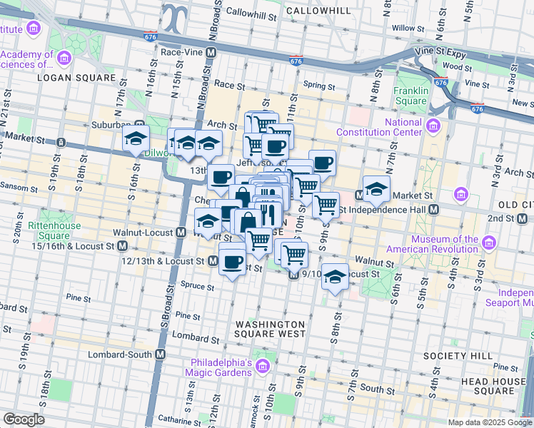 map of restaurants, bars, coffee shops, grocery stores, and more near 111 South 11th Street in Philadelphia