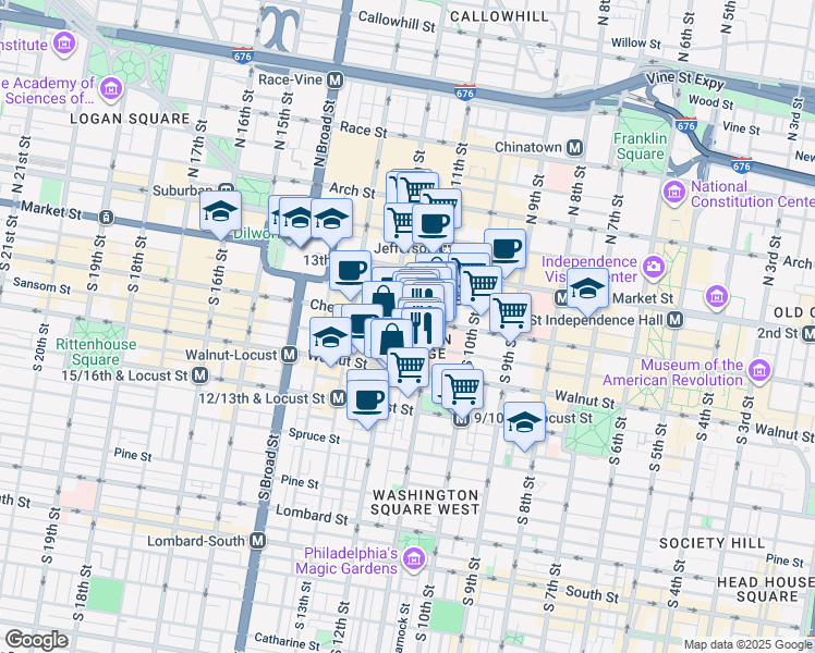 map of restaurants, bars, coffee shops, grocery stores, and more near 1118 Chestnut Street in Philadelphia
