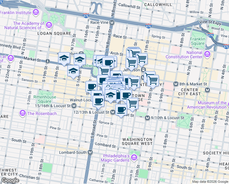 map of restaurants, bars, coffee shops, grocery stores, and more near 1213 Walnut Street in Philadelphia