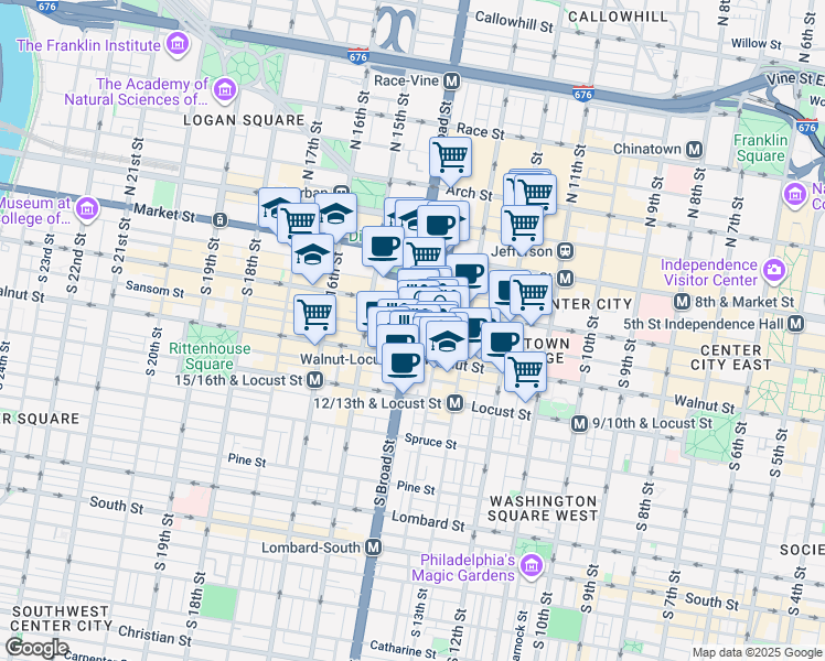 map of restaurants, bars, coffee shops, grocery stores, and more near 1325 Walnut Street in Philadelphia
