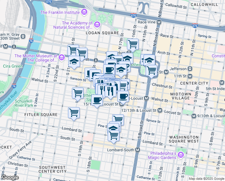 map of restaurants, bars, coffee shops, grocery stores, and more near 1705 Chancellor Street in Philadelphia