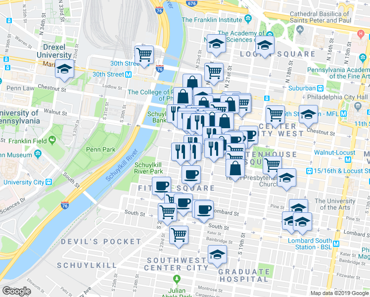 map of restaurants, bars, coffee shops, grocery stores, and more near in Philadelphia