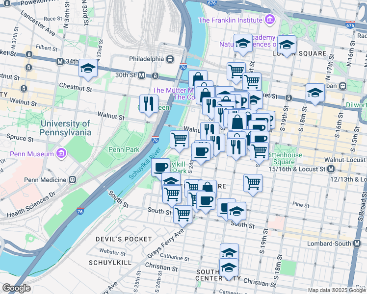 map of restaurants, bars, coffee shops, grocery stores, and more near in Philadelphia