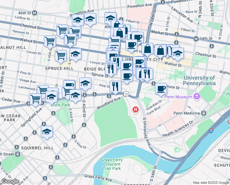 map of restaurants, bars, coffee shops, grocery stores, and more near 3923 Woodland Avenue in Philadelphia
