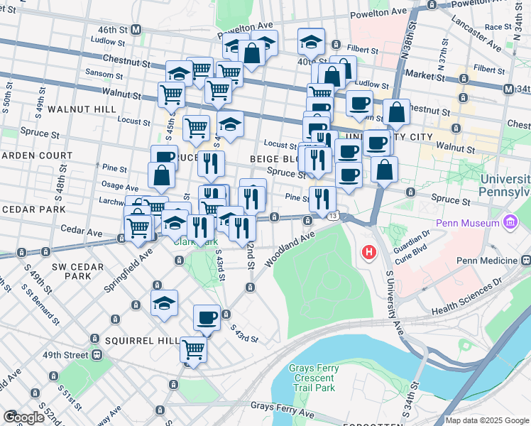 map of restaurants, bars, coffee shops, grocery stores, and more near 507 South 41st Street in Philadelphia