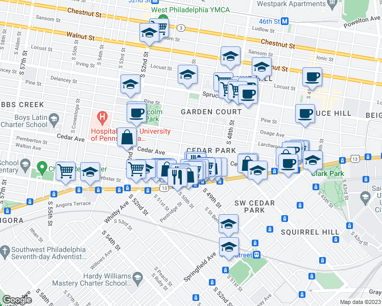 map of restaurants, bars, coffee shops, grocery stores, and more near 4920 Cedar Avenue in Philadelphia