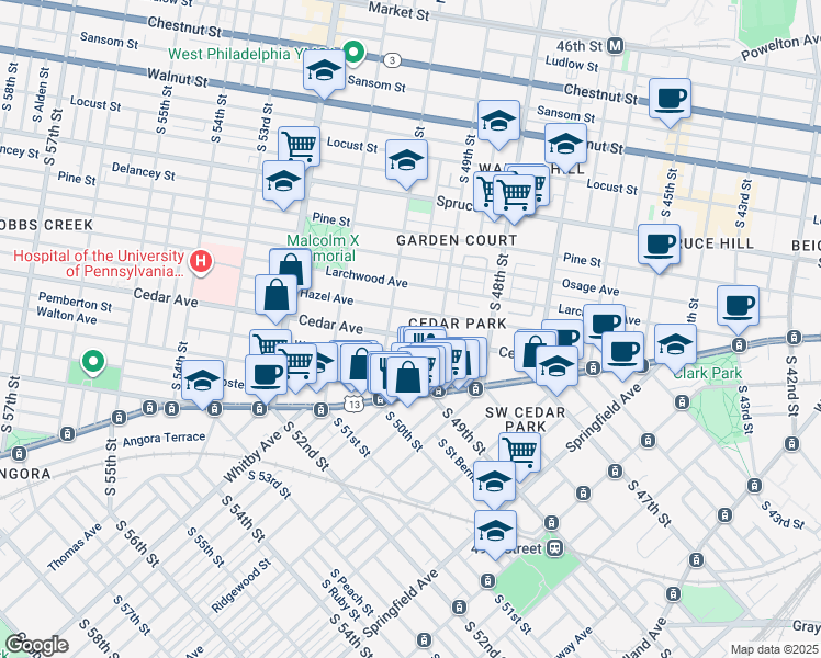 map of restaurants, bars, coffee shops, grocery stores, and more near 4920 Cedar Avenue in Philadelphia