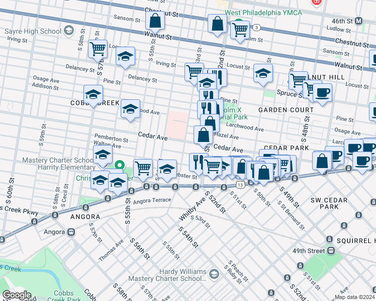 map of restaurants, bars, coffee shops, grocery stores, and more near 5216 Walton Avenue in Philadelphia