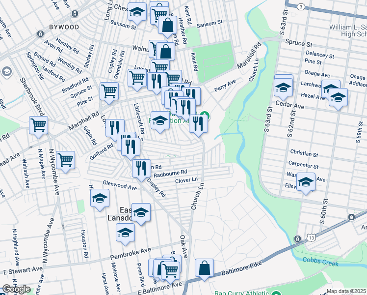 map of restaurants, bars, coffee shops, grocery stores, and more near 6946 Ruskin Lane in Upper Darby