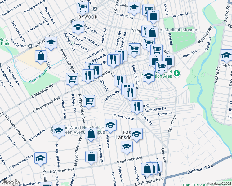 map of restaurants, bars, coffee shops, grocery stores, and more near 404 Croyden Road in Upper Darby