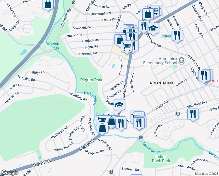 map of restaurants, bars, coffee shops, grocery stores, and more near 5249 Apache Lane in Drexel Hill