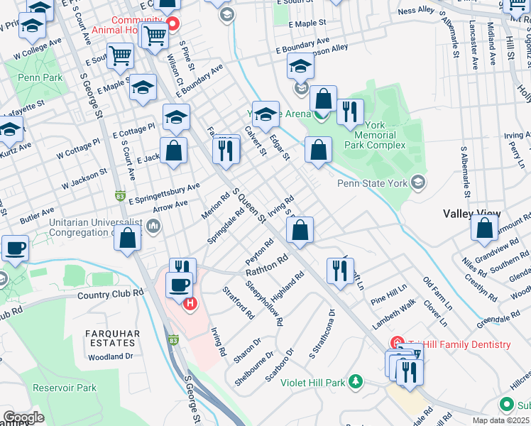 map of restaurants, bars, coffee shops, grocery stores, and more near 1111 Pennsylvania 74 in York