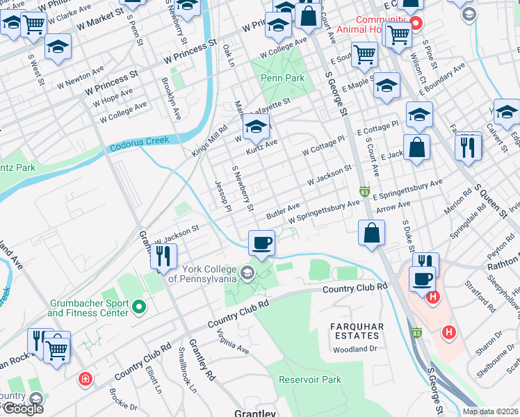 map of restaurants, bars, coffee shops, grocery stores, and more near 828 South Newberry Street in York