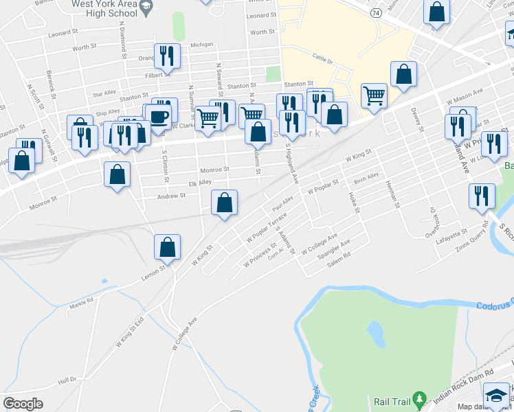 map of restaurants, bars, coffee shops, grocery stores, and more near 1548 West King Street in West York
