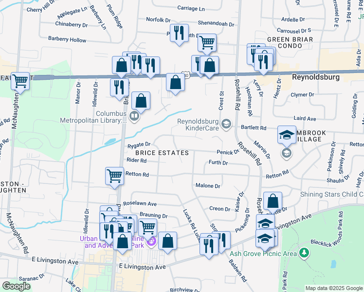 map of restaurants, bars, coffee shops, grocery stores, and more near 1544 Lexdale Court in Reynoldsburg