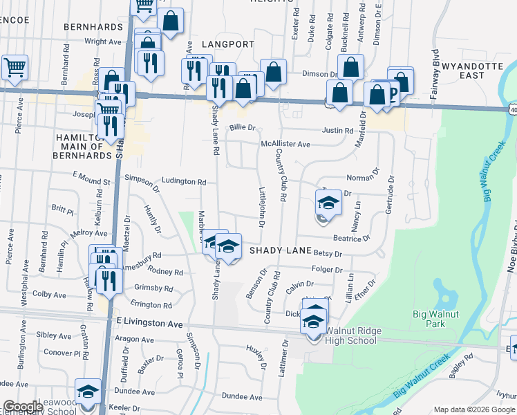 map of restaurants, bars, coffee shops, grocery stores, and more near 4777 Robinhood Park in Columbus