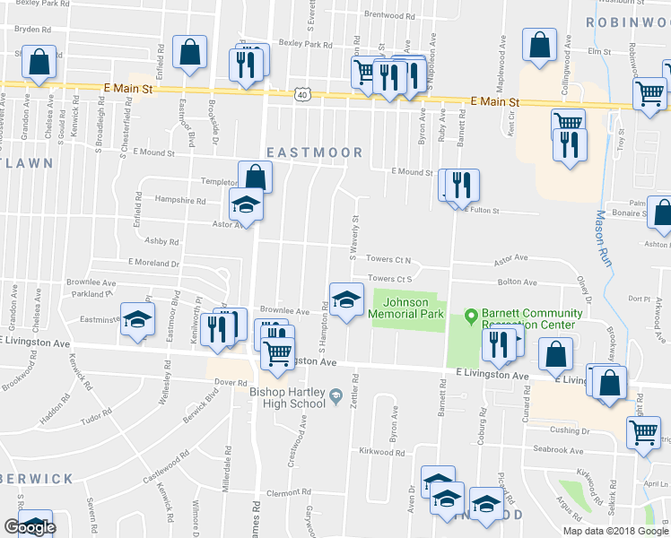 map of restaurants, bars, coffee shops, grocery stores, and more near 1073 South Waverly Street in Columbus